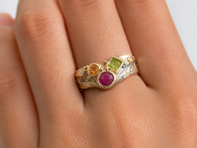 handmade in sedona Arizona Gold Ruby Sapphire and peridot Ring