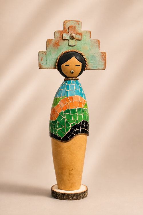 Handmade Kachina doll for sale by Arizona artist Julie Hemer featuring colorful mosaic artwork on a natural gourd with copper patina and copper leaf accents.