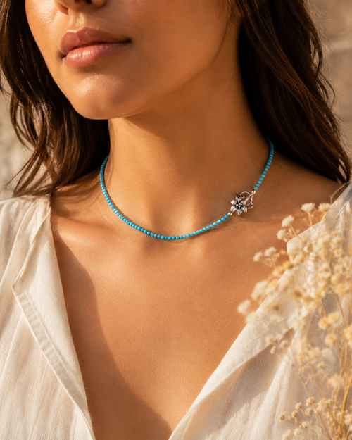 Handmade 16 inch Kingman turquoise necklace with small 2-3mm blue beads