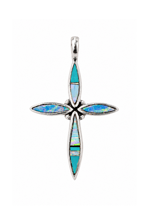 Handcrafted Navajo turquoise and cultured opal sterling silver cross pendant displayed in an elegant Southwestern setting, authentic Native American artisan jewelry.