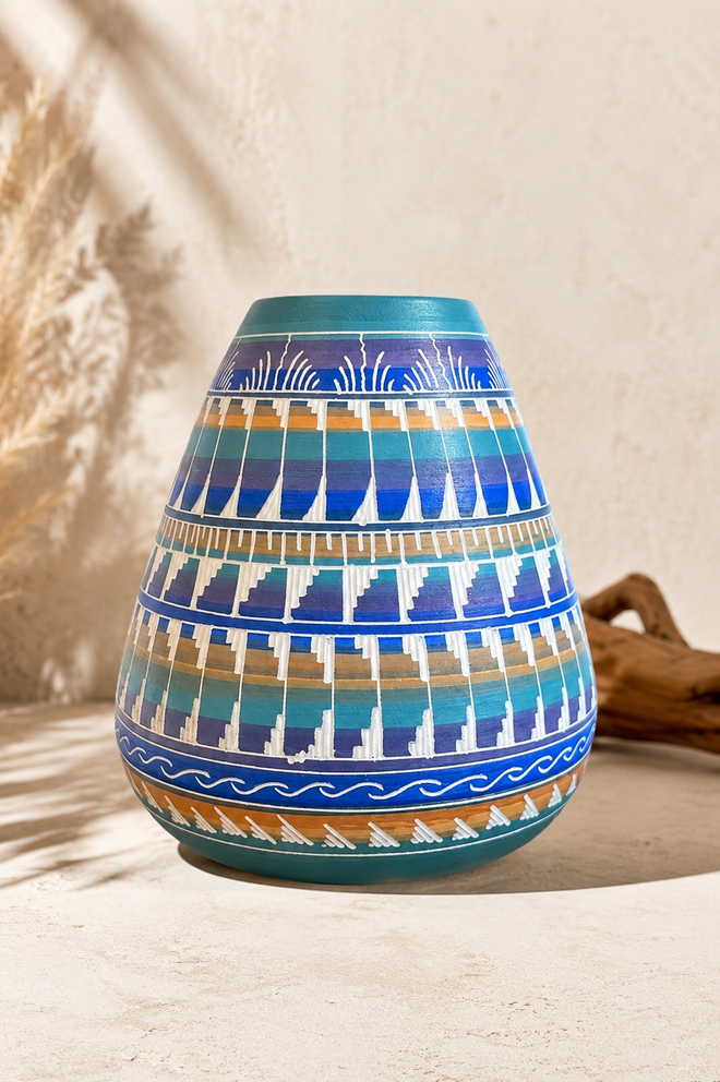 Authentic Navajo ceramic vase handcrafted by Mireille Gilmore with hand-carved Southwestern patterns. One-of-a-kind Native American pottery from Raku Gallery.