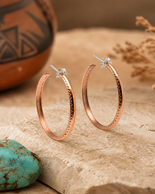 1.2 inch Navajo copper half hoop earrings with ruler and coin for scale