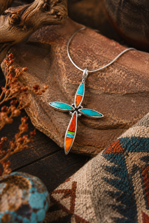 Handmade Navajo cross necklace with genuine turquoise and colorful Southwestern stone inlay worn on a sterling silver chain, authentic Native American artisan jewelry.