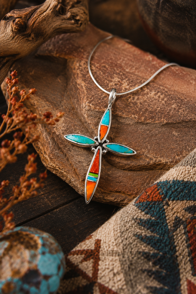 Handmade Navajo cross necklace with genuine turquoise and colorful Southwestern stone inlay worn on a sterling silver chain, authentic Native American artisan jewelry.