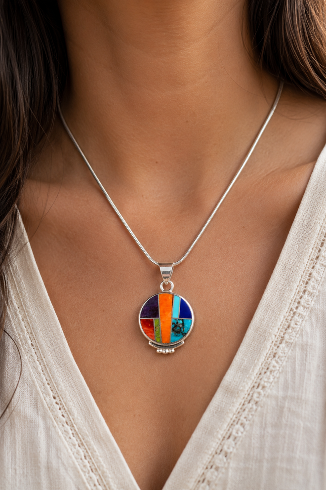 Handcrafted Navajo multi-stone inlay sterling silver pendant displayed in a luxury Southwestern setting featuring Orange Spiny Oyster, Turquoise, Lapis, Sugilite and Gaspeite.
