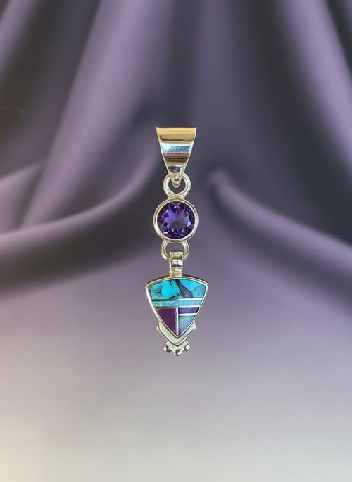Handmade Navajo sterling silver pendant necklace with genuine amethyst, Arizona Kingman Turquoise, sugilite, and cultured opal inlay.
