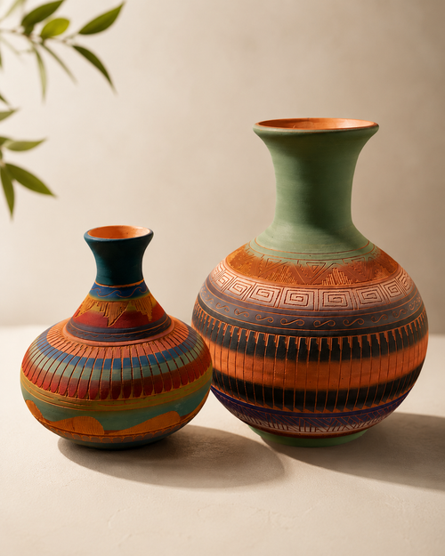 Collection of handmade Navajo pottery vessels for Southwestern and Santa Fe style home decor