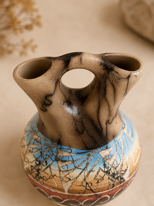 One-of-a-kind handmade Navajo pottery vase by Marlena Sam featuring carved and etched geometric patterns, horsehair-fired finish, and authentic Southwest Native American craftsmanship.