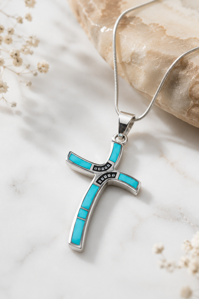 Handmade Navajo Arizona Blue Turquoise cross necklace in sterling silver, authentic Native American jewelry handcrafted by a Navajo artisan.