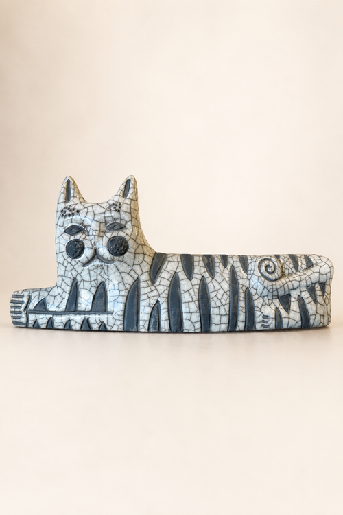 Handmade raku ceramic cat sculpture with abstract reclining form and crackle glaze