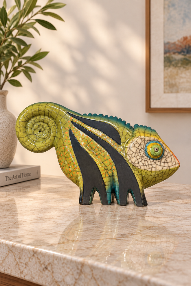 Handmade Raku ceramic chameleon sculpture with green crackle glaze and colorful details