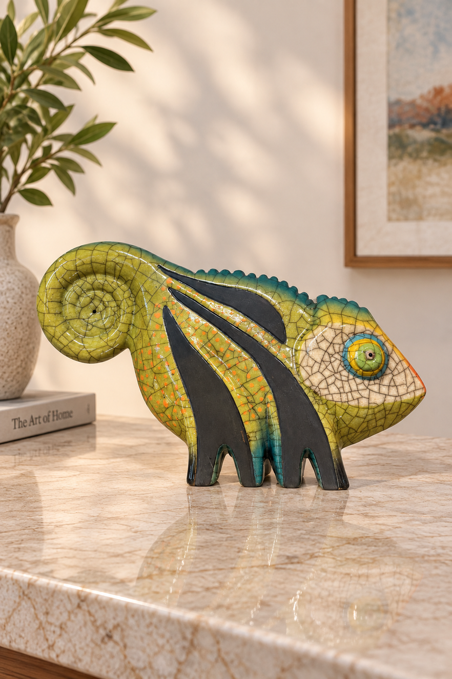 Handmade Raku ceramic chameleon sculpture with green crackle glaze and colorful details