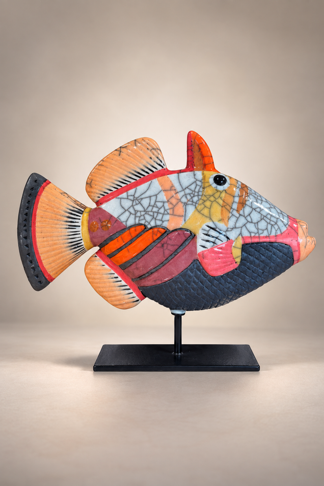 Handmade Raku ceramic Picasso fish sculpture with colorful crackle glaze on black metal stand
