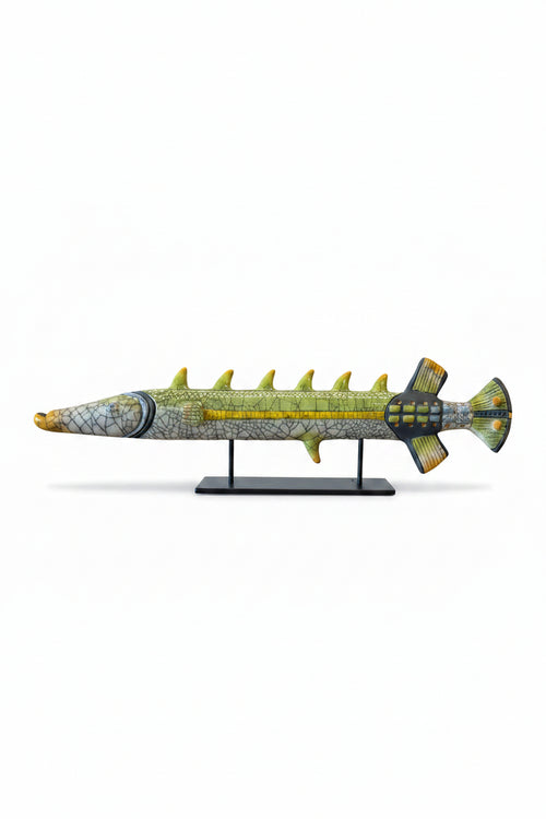 Handmade raku ceramic trumpet fish sculpture on metal stand with crackle glaze, handcrafted Arizona art for coastal and contemporary home decor.
