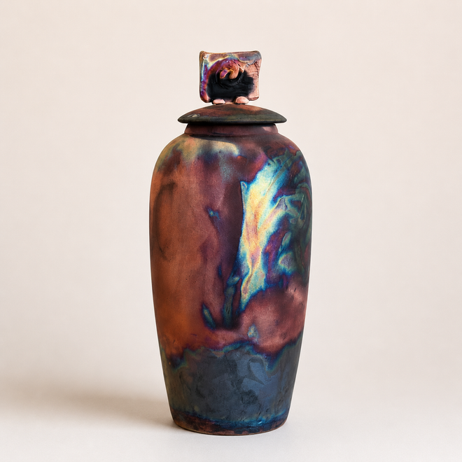 Handmade Raku ceramic vessel with unique glaze patterns for collectors