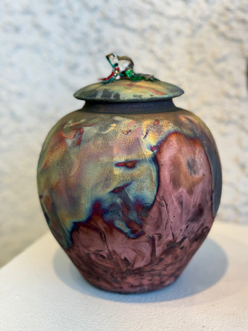Handmade raku pot with glass frog lid, iridescent glazing, made in Jerome Arizona