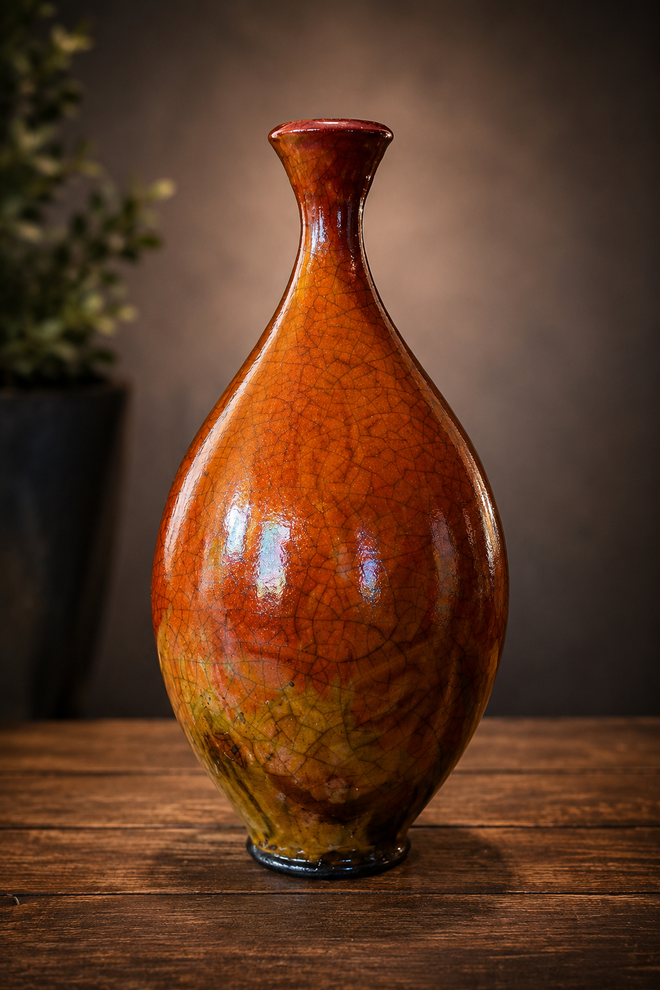 Handmade Raku pottery bottle vase with a slender neck and warm earthy finish