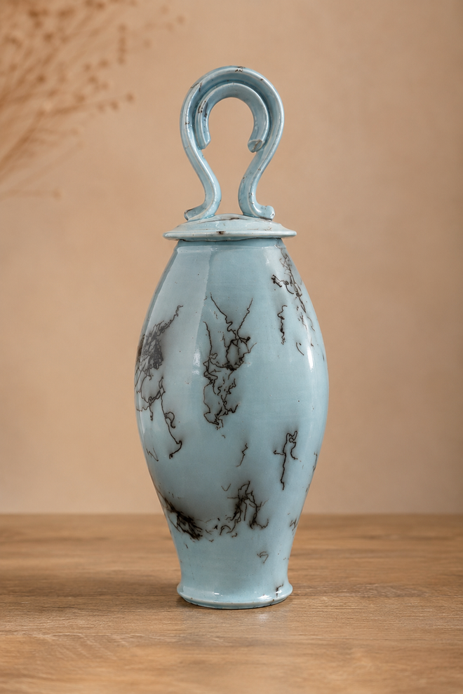 Handmade soft blue horsehair pottery lidded vessel with sculptural loop handle