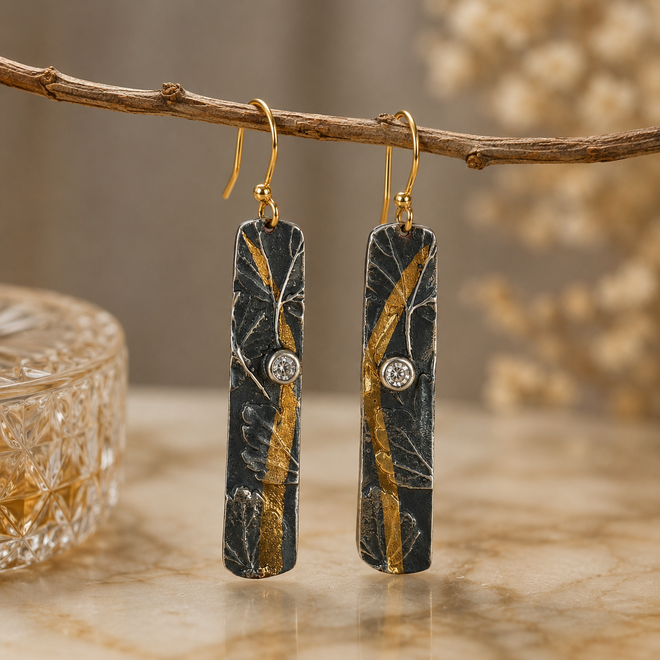 One-of-a-kind handmade sterling silver bar earrings with 24k gold accents and cubic zirconia handcrafted in Sedona Arizona