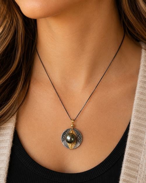 Handmade Tahitian pearl artisan necklace worn elegantly handcrafted in Sedona Arizona by Raku Gallery