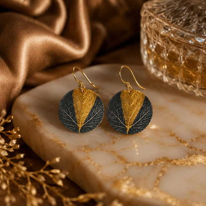 One-of-a-kind handmade Tree of Life earrings crafted in oxidized sterling silver with 24k gold accents in Sedona Arizona