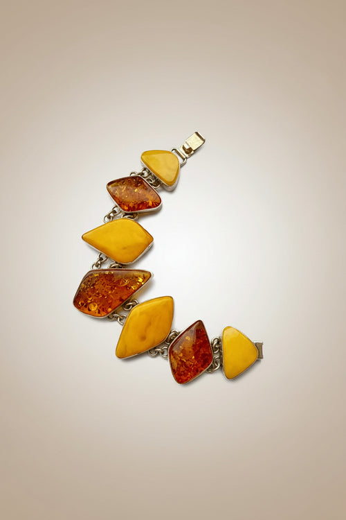 7 Large Stone Two Tone Natural Amber Link Bracelet