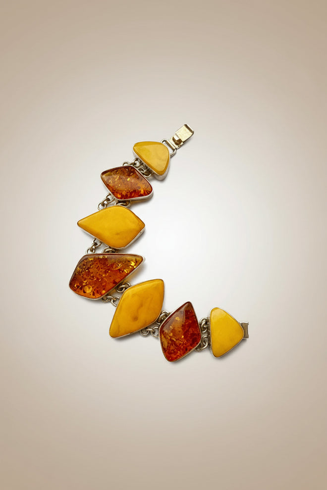 7 Large Stone Two Tone Natural Amber Link Bracelet