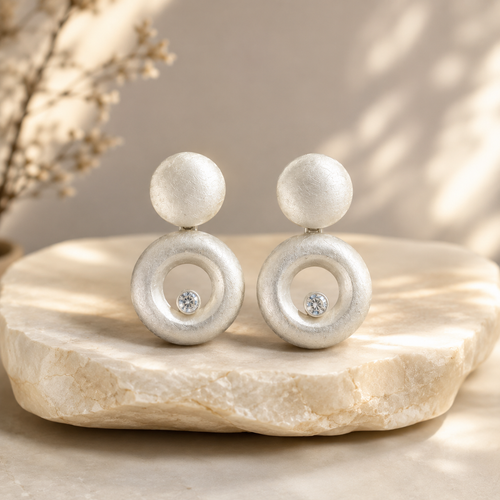 Matte Sterling Silver Convex Circle Drop Earrings with 4mm Cubic Zirconia