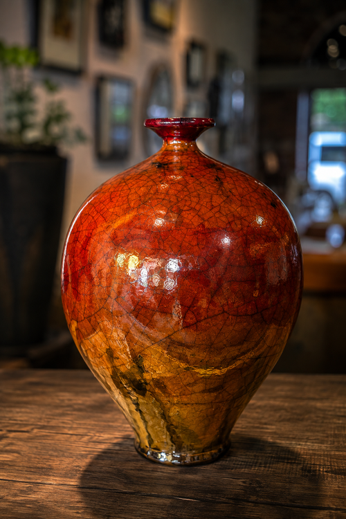 handmade ferric chloride raku bottle made in Jerome AZ