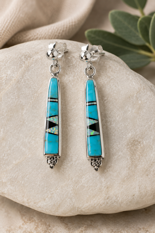handmade kingman turquoise stone inlaid petite long post earrings