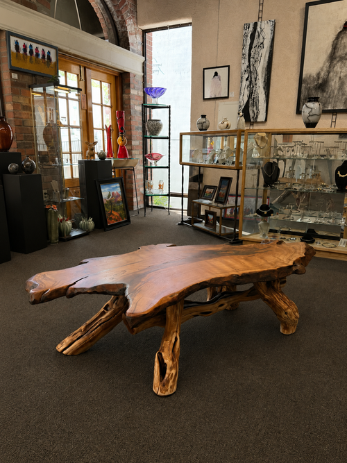 One-of-a-Kind Live Edge Mesquite Coffee Table with Turquoise & Copper Inlay – Handmade in Arizona