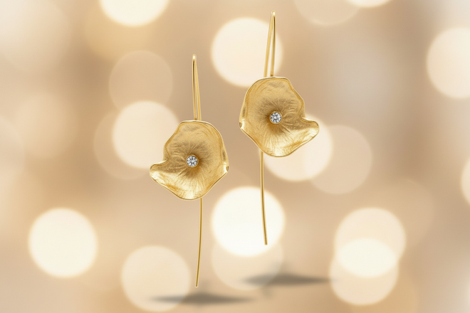 Gold Petal Earrings with Cubic Zirconia (Large)