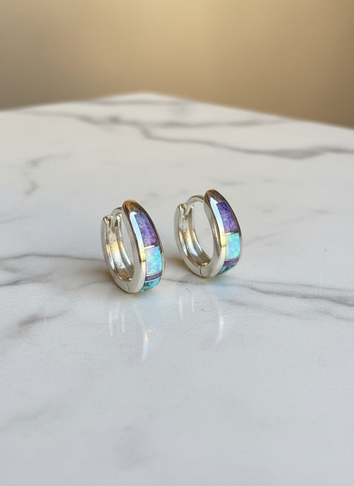 Turquoise, Sugilite & Opal Huggies Earrings - Navajo Stone Inlaid