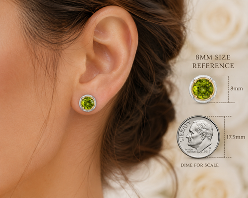 handmade peridot 8mm earrings on a model