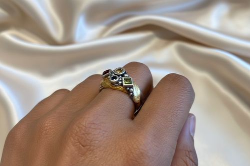 Handmade Peridot & Sapphire Ring in Oxidized Sterling Silver with 24K Gold