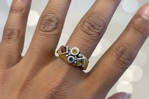 Handmade Peridot & Sapphire Ring in Oxidized Sterling Silver with 24K Gold