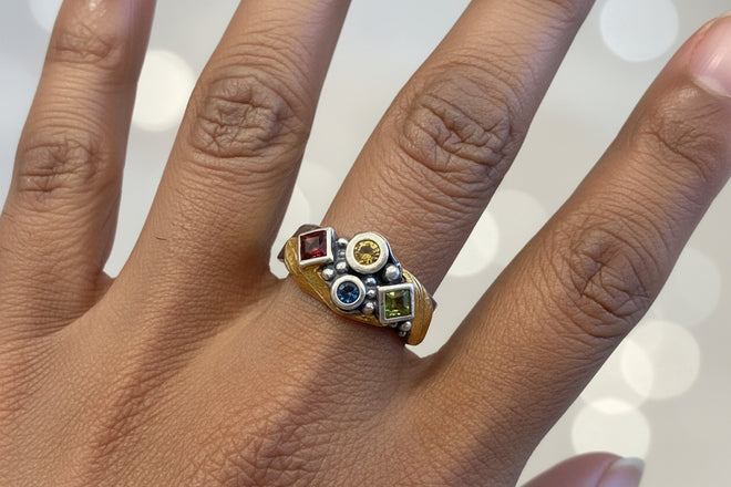 Handmade Peridot & Sapphire Ring in Oxidized Sterling Silver with 24K Gold