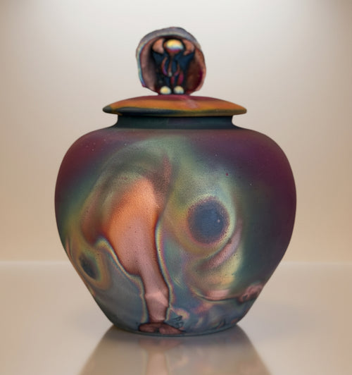 Raku Pot with Elephant Figure on Lid