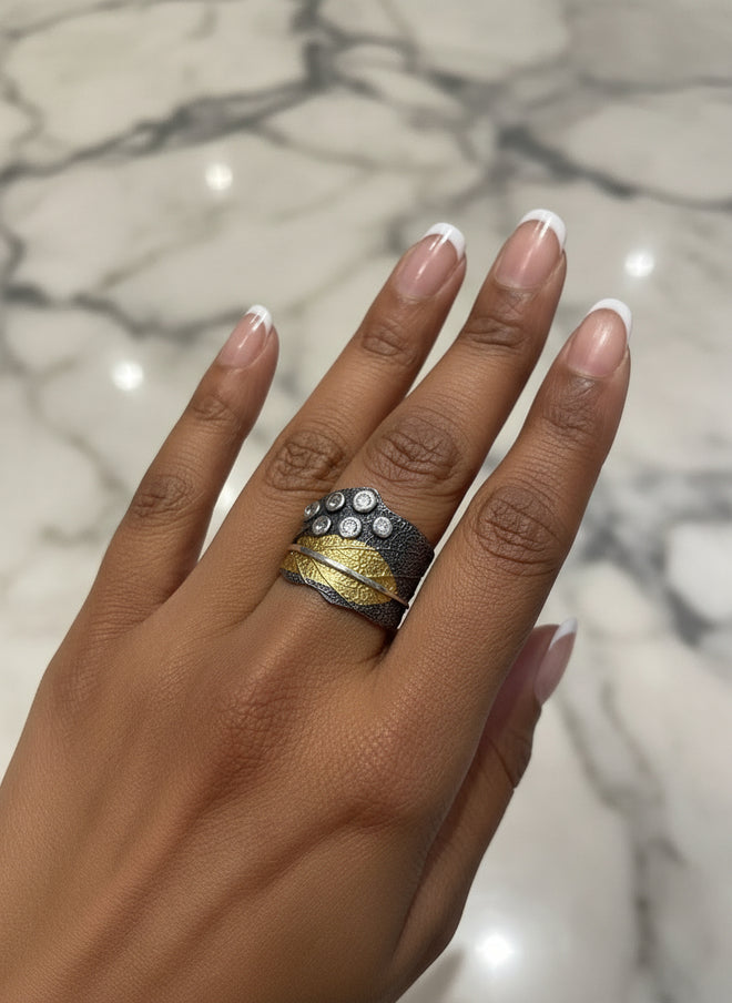 Oxidized Sterling Silver & 24k Gold Ring — Custom Stones & Metals, Handmade Luxury