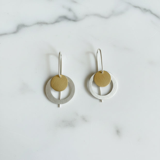 Two Circle Sterling Silver Earrings - Gold & White