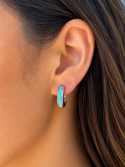 handmade stone inlaid navajo huggies kingman turquoise earrings