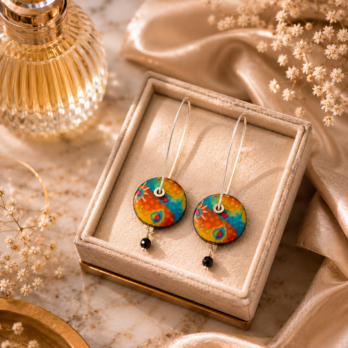 Colorful handmade earrings with cheerful bright colors displayed in a luxury setting.