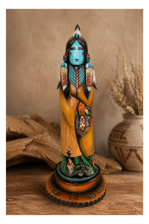 Hopi Hand Mana katsina with turquoise face, carved feathers and detailed hand-painted base
