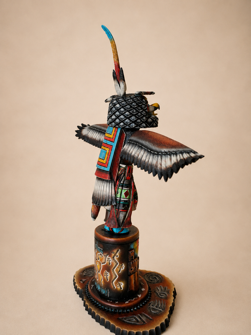 Back view of Hopi Kwa Eagle Katsina showing individually carved wing feathers and painted regalia
