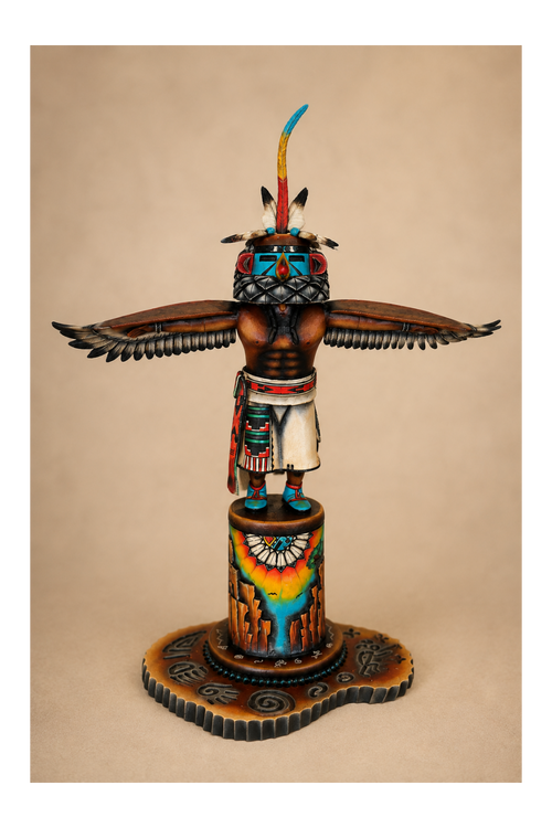 Hopi Kwa Eagle Katsina with hand-carved outstretched wings, detailed feathers and painted pedestal