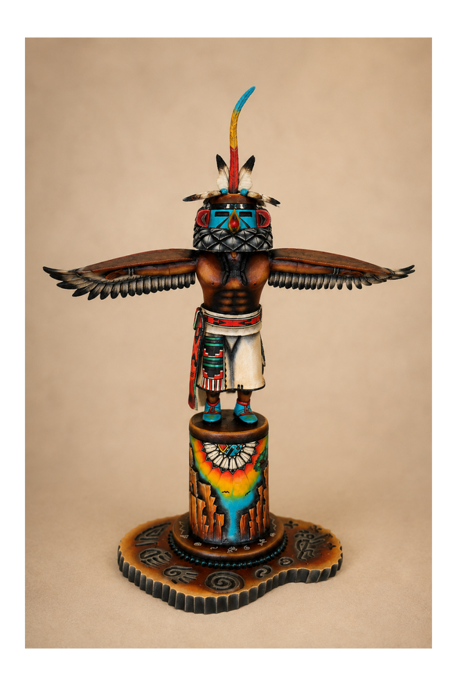 Hopi Kwa Eagle Katsina with hand-carved outstretched wings, detailed feathers and painted pedestal