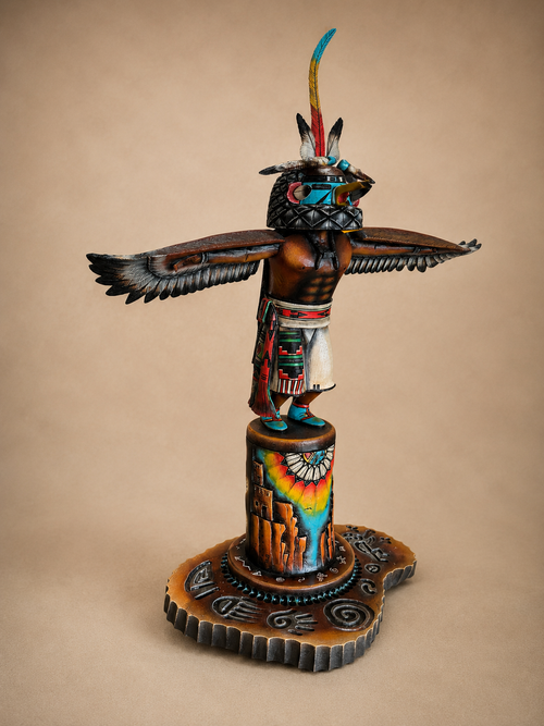 Side view of Hopi Kwa Eagle Katsina showing dimensional wood carving, eagle wings and detailed sculpted base