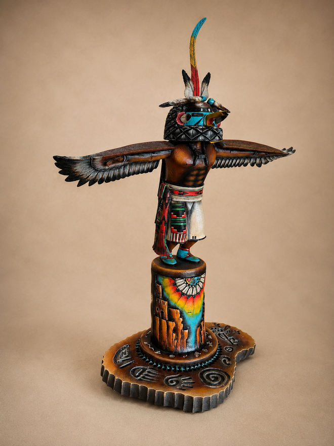 Side view of Hopi Kwa Eagle Katsina showing dimensional wood carving, eagle wings and detailed sculpted base