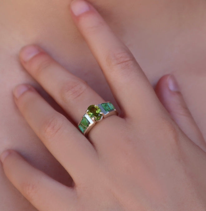 Peridot & Sonoran Gold Turquoise Inlayed Ring