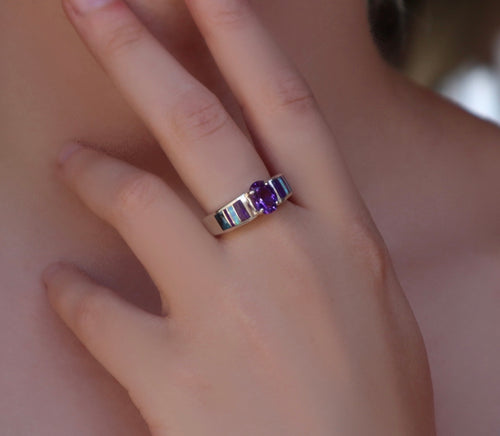 Amethyst, Sugilite, Turquoise & Opal Ring